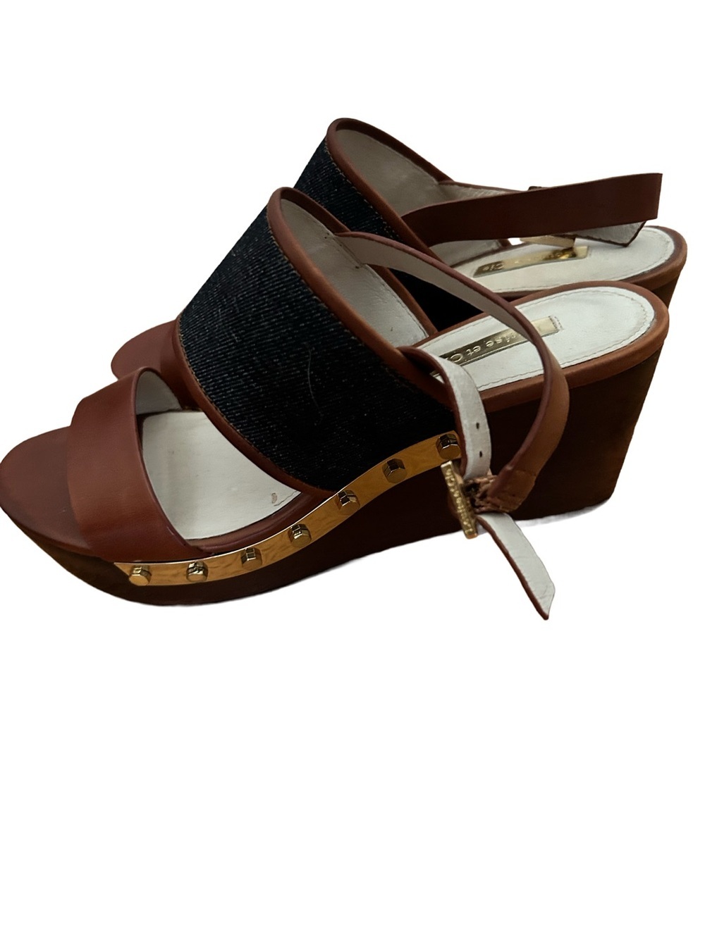 Brown Leather & Denim Platform Sandals with Gold Stud Trim. Size 8